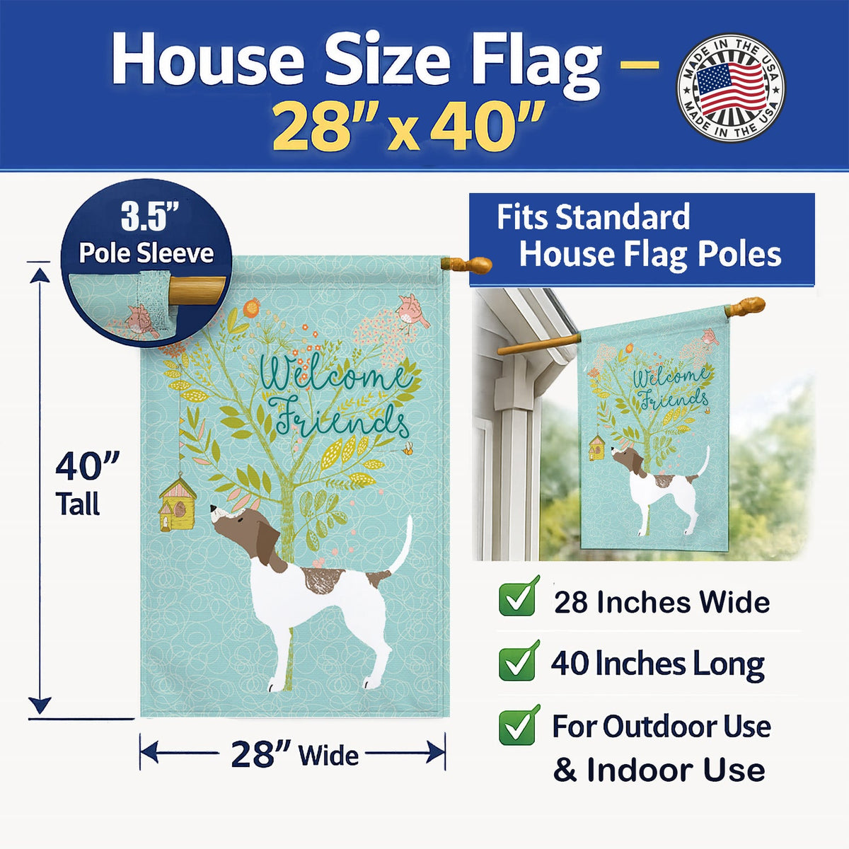 Welcome Friends Pointer House Flag 28x40 Porch Sleeve Pole Decorative Outside Yard Banner Artwork Wall Hanging, Polyester