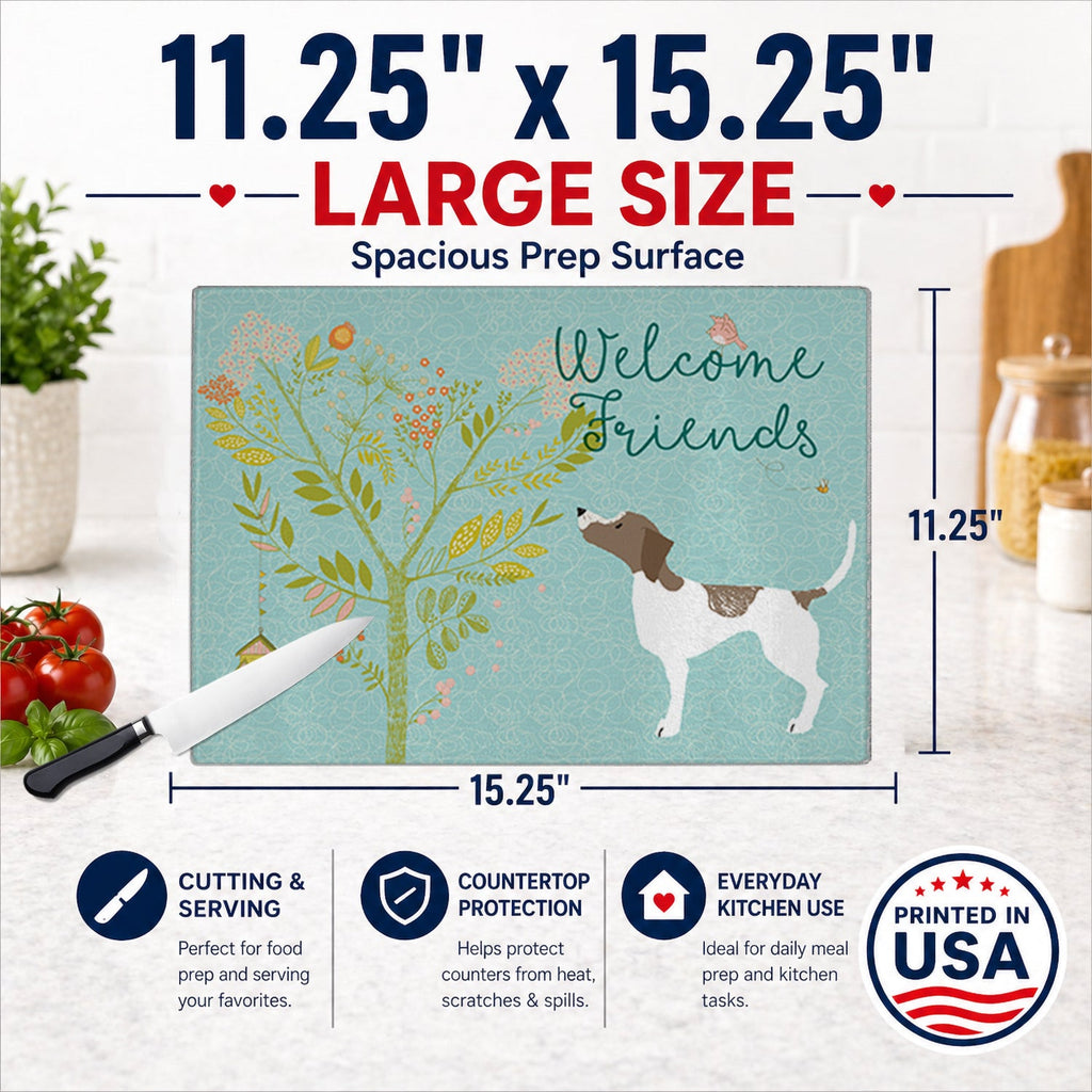 Welcome Friends Pointer Cutting Board Tempered Glass Kitchen Cutting Surface, Heat Resistant Chopping, Non-Slip Feet, Food Prep & Serving