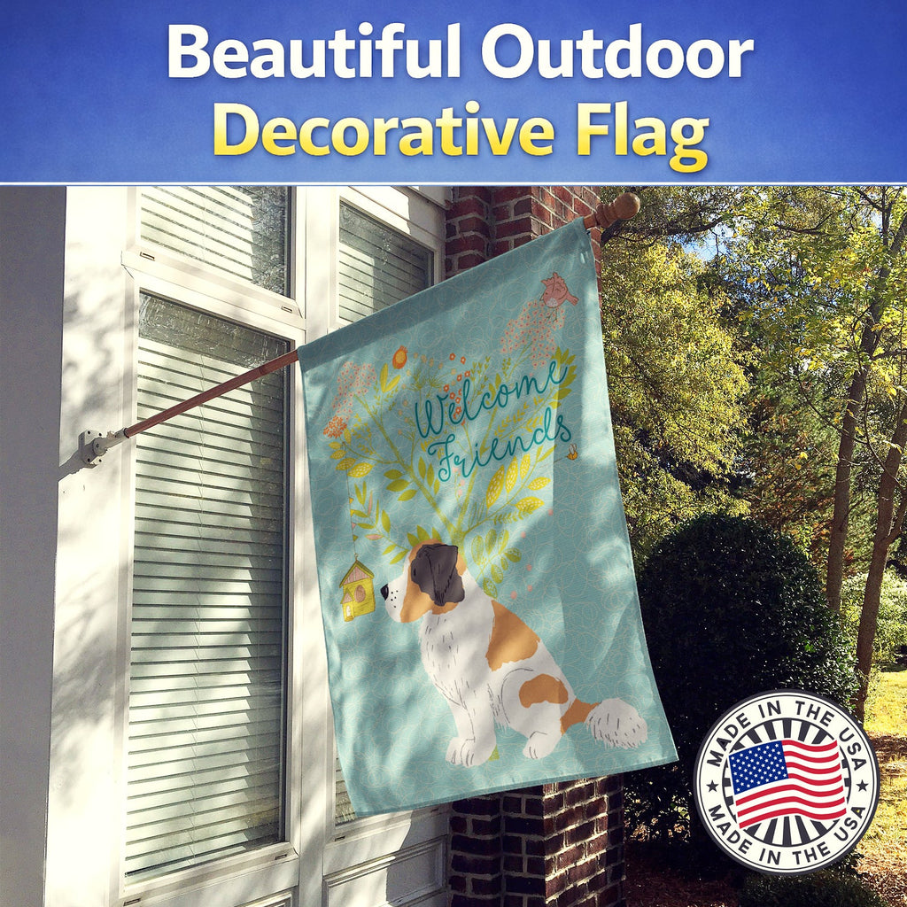 Welcome Friends Saint Bernard House Flag 28x40 Porch Sleeve Pole Decorative Outside Yard Banner Artwork Wall Hanging, Polyester