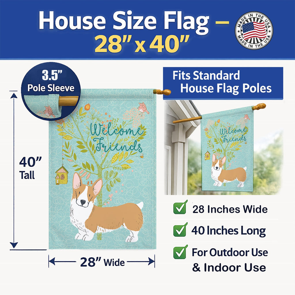 Welcome Friends Pembroke Welsh Corgi Red House Flag 28x40 Porch Sleeve Pole Decorative Outside Yard Banner Artwork Wall Hanging, Polyester