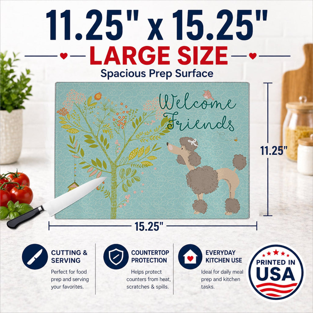 Welcome Friends Chocolate Poodle Cutting Board Tempered Glass Kitchen Cutting Surface, Heat Resistant Chopping, Non-Slip Feet, Food Prep & Serving