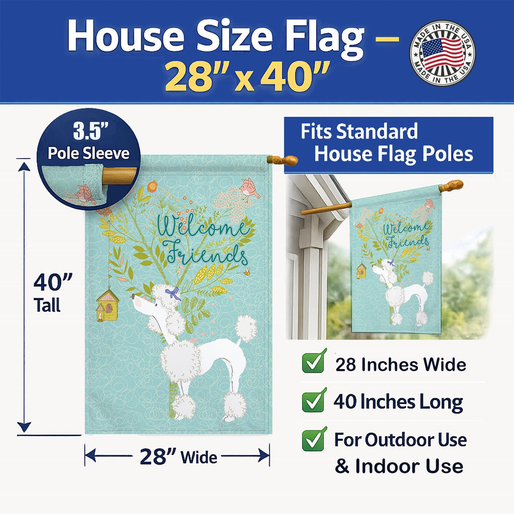 Welcome Friends White Poodle House Flag 28x40 Porch Sleeve Pole Decorative Outside Yard Banner Artwork Wall Hanging, Polyester