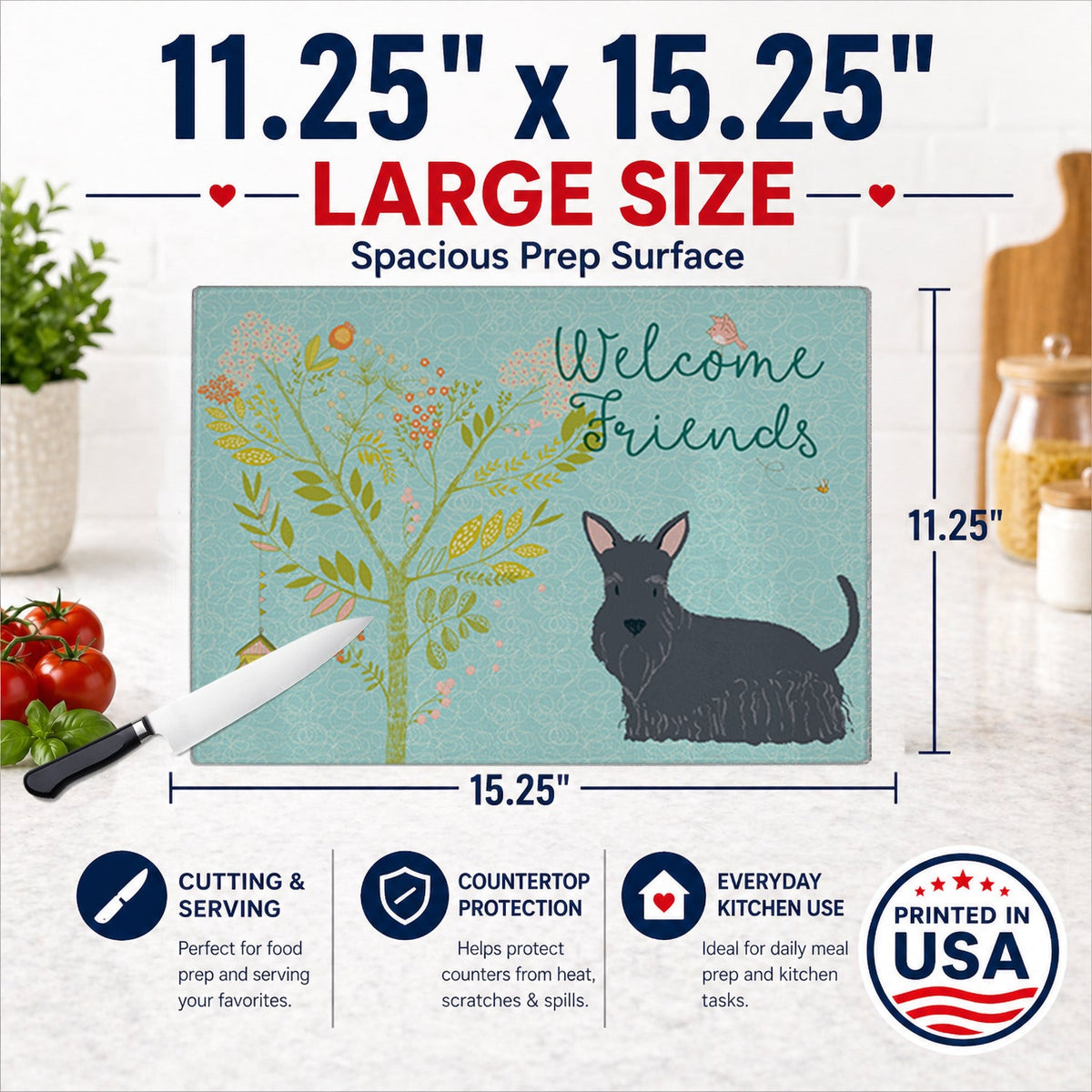 Welcome Friends Scottish Terrier Cutting Board Tempered Glass Kitchen Cutting Surface, Heat Resistant Chopping, Non-Slip Feet, Food Prep & Serving