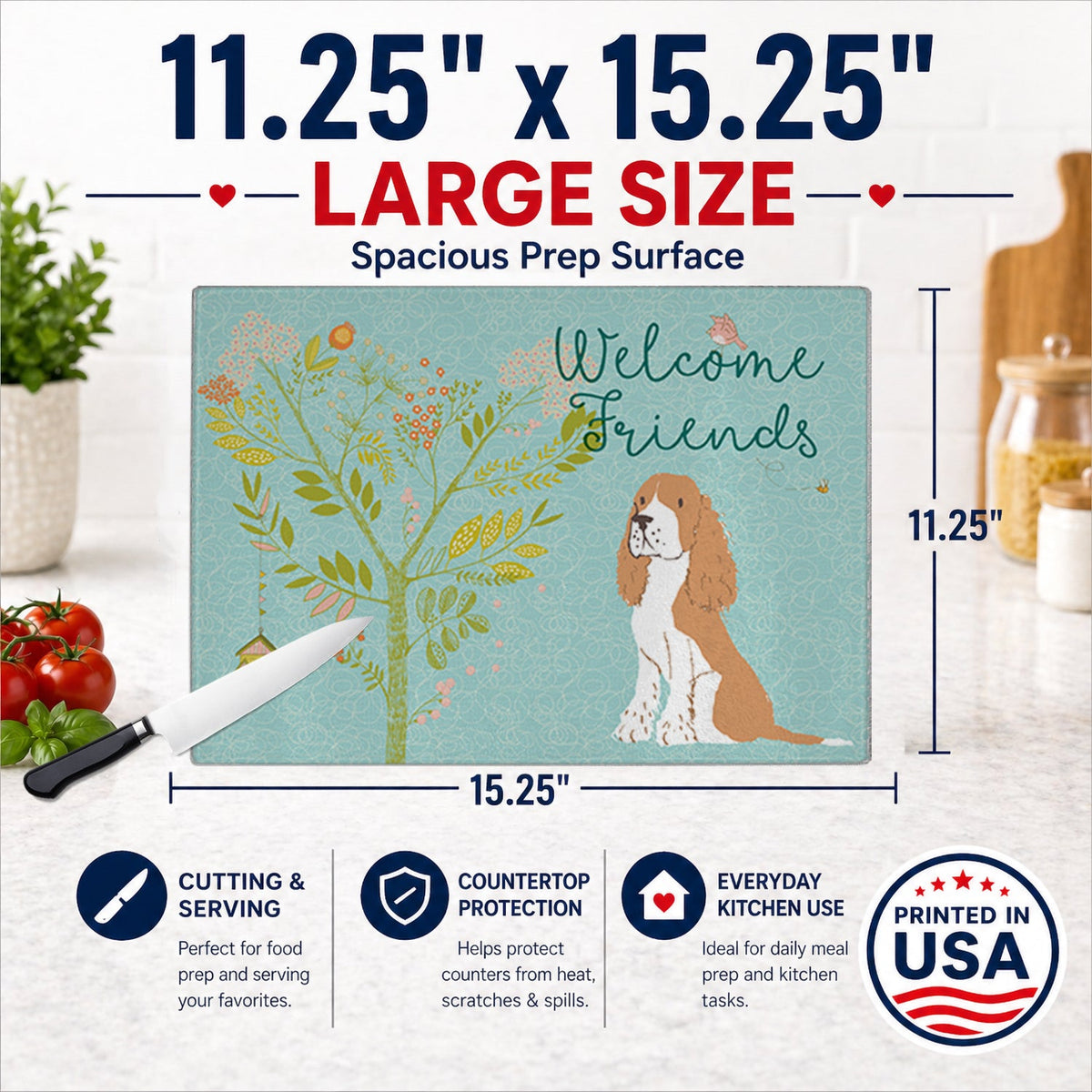 Welcome Friends Gold Springer Spaniel Cutting Board Tempered Glass Kitchen Cutting Surface, Heat Resistant Chopping, Non-Slip Feet, Food Prep & Serving
