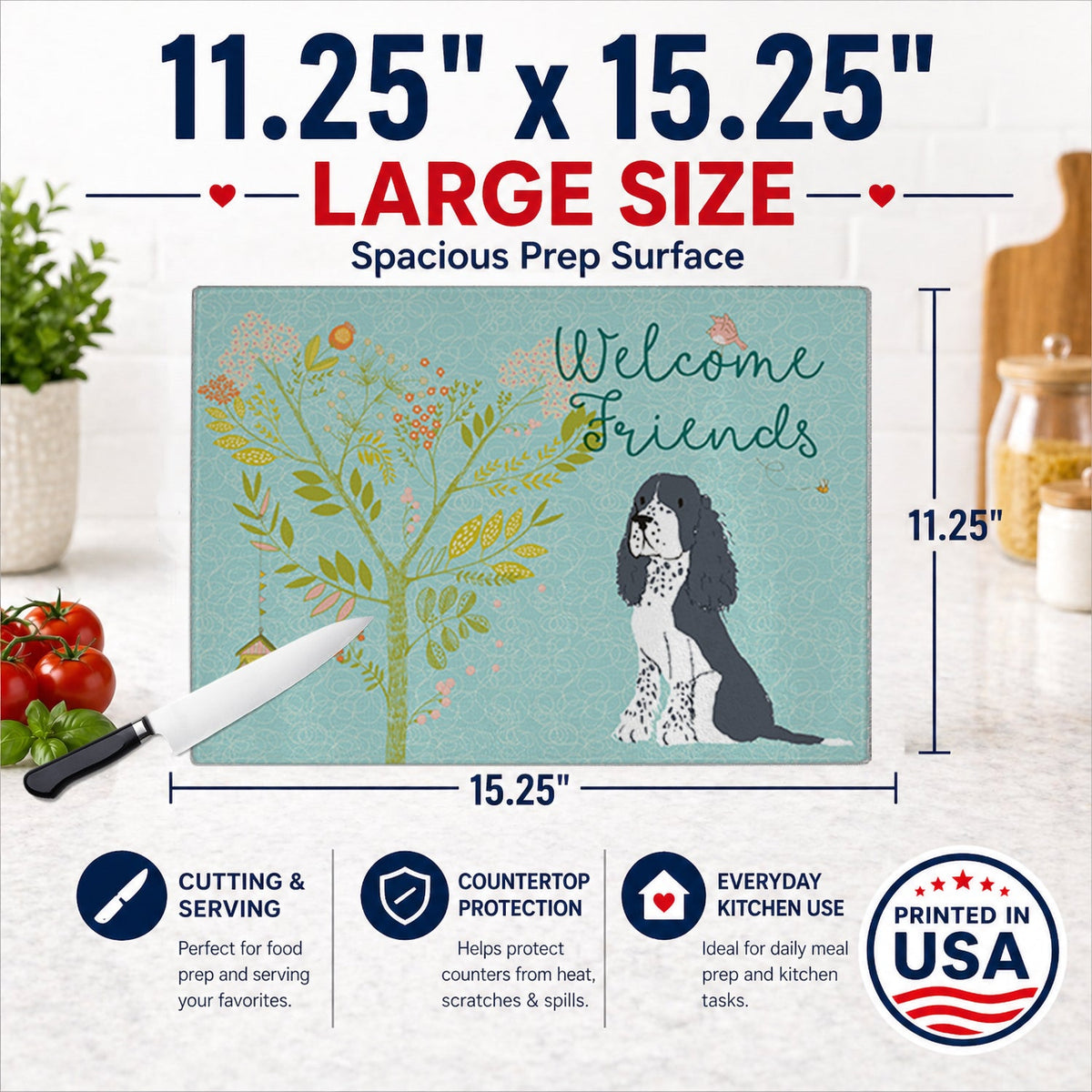 Welcome Friends Black Springer Spaniel Cutting Board Tempered Glass Kitchen Cutting Surface, Heat Resistant Chopping, Non-Slip Feet, Food Prep & Serving