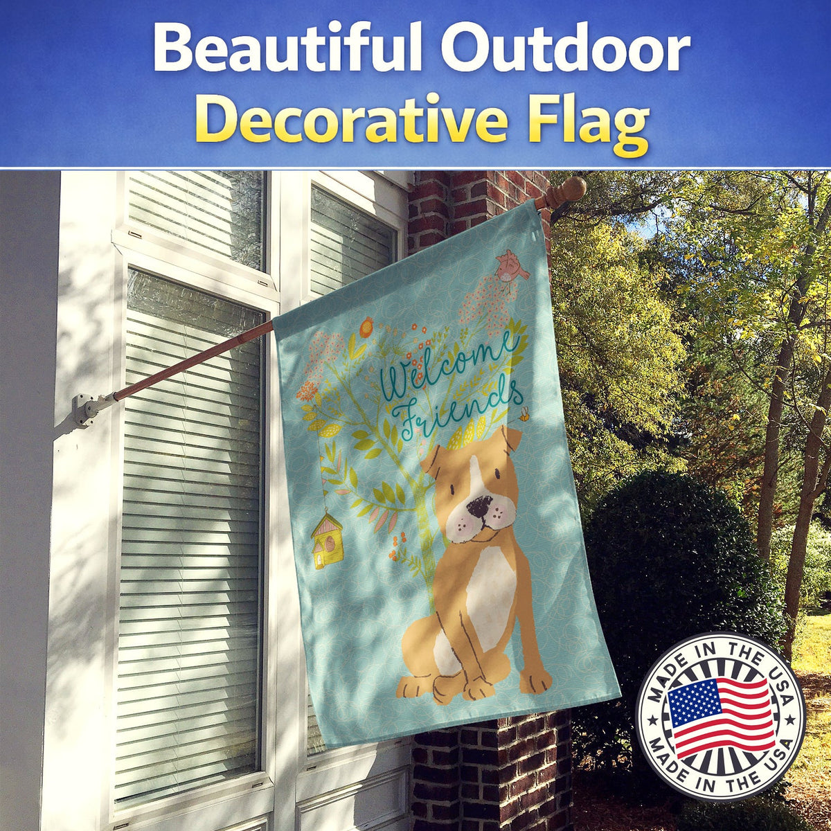 Welcome Friends Brown Staffie House Flag 28x40 Porch Sleeve Pole Decorative Outside Yard Banner Artwork Wall Hanging, Polyester