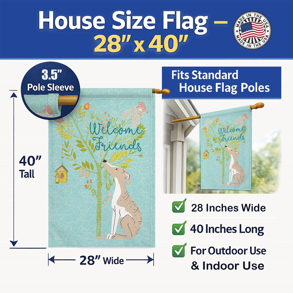 Welcome Friends Whippet House Flag 28x40 Porch Sleeve Pole Decorative Outside Yard Banner Artwork Wall Hanging, Polyester