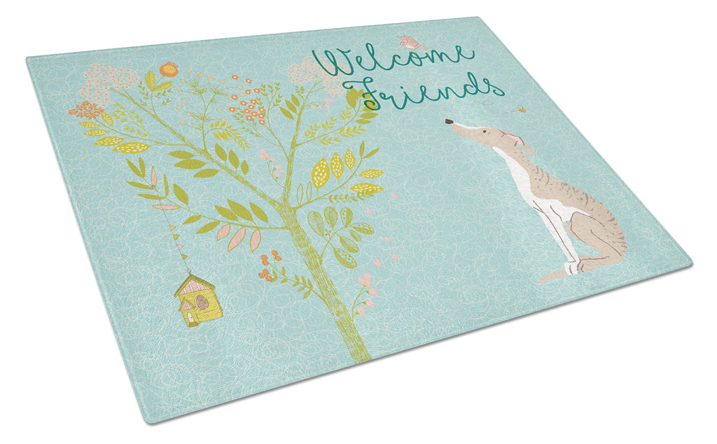 Welcome Friends Whippet Cutting Board Tempered Glass Kitchen Cutting Surface, Heat Resistant Chopping, Non-Slip Feet, Food Prep & Serving