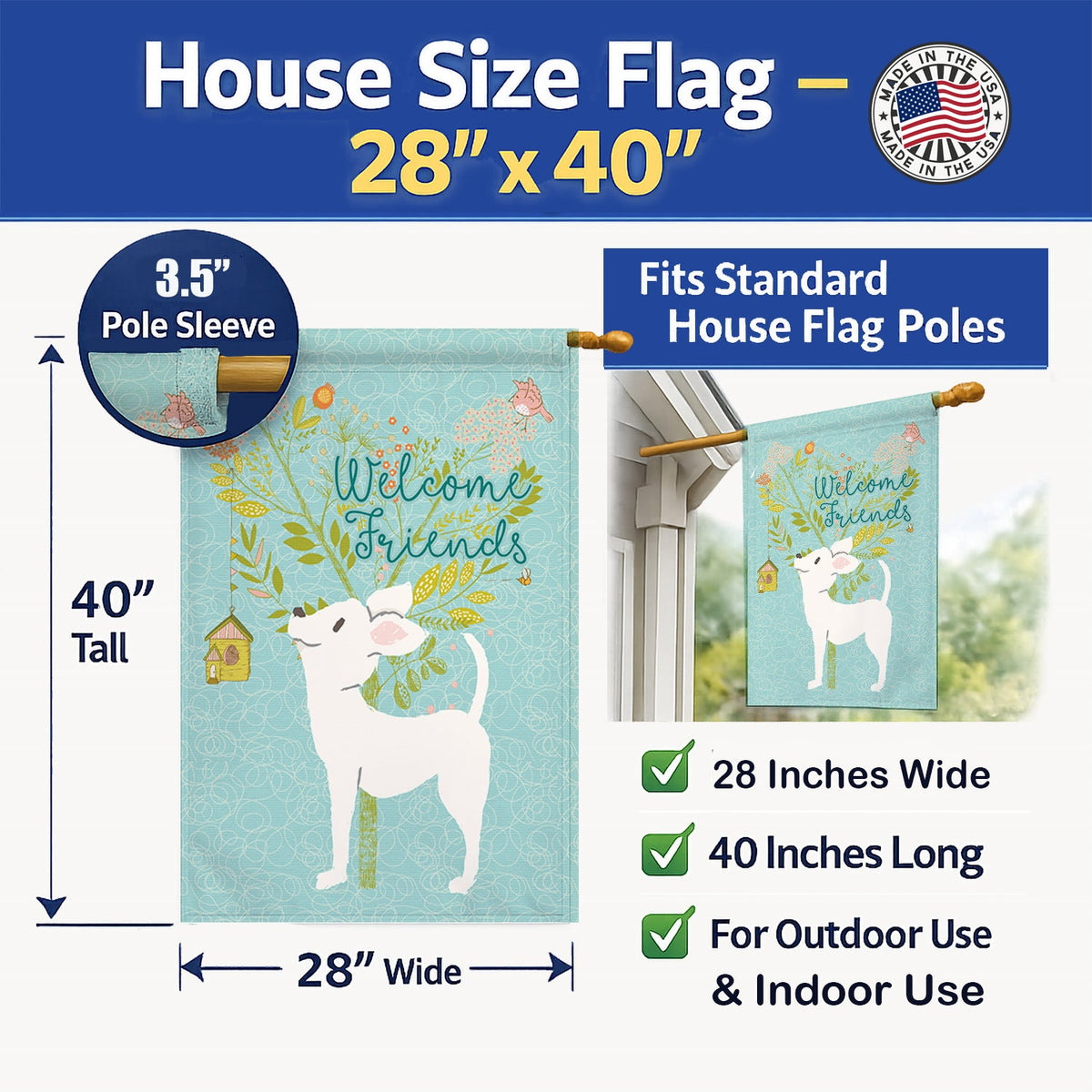 Welcome Friends White Chihuahua House Flag 28x40 Porch Sleeve Pole Decorative Outside Yard Banner Artwork Wall Hanging, Polyester