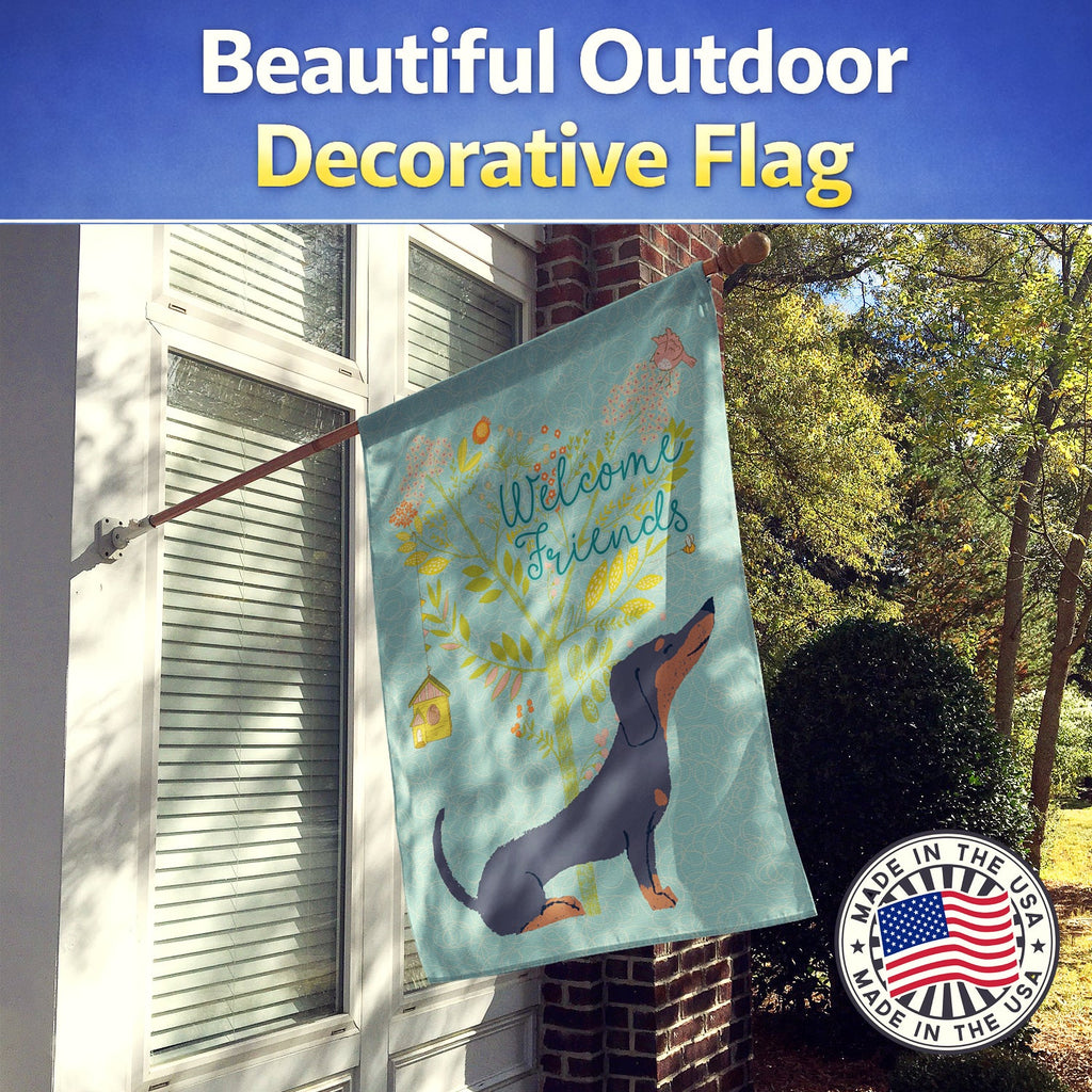 Welcome Friends Black Tan Dachshund House Flag 28x40 Porch Sleeve Pole Decorative Outside Yard Banner Artwork Wall Hanging, Polyester