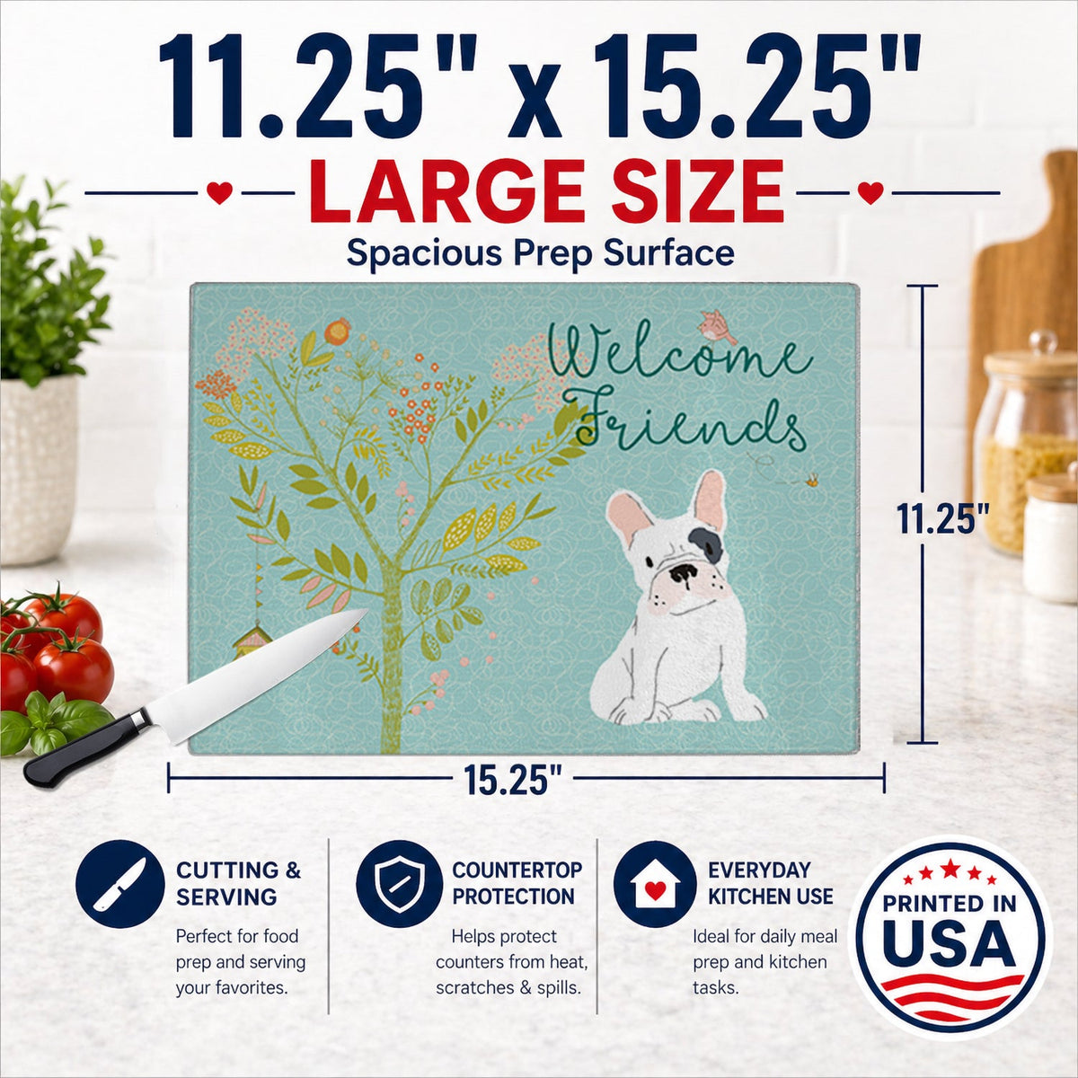 Welcome Friends Piebald French Bulldog Cutting Board Tempered Glass Kitchen Cutting Surface, Heat Resistant Chopping, Non-Slip Feet, Food Prep & Serving