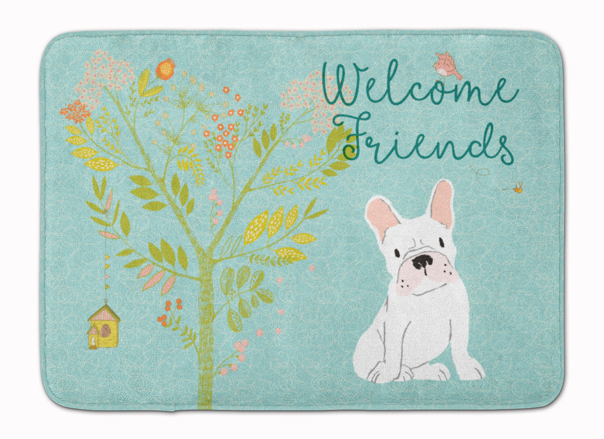 Welcome Friends White French Bulldog Memory Foam Kitchen Mat Machine Washable Anti-Fatigue Cushion Comfort Bath or Kitchen Rug