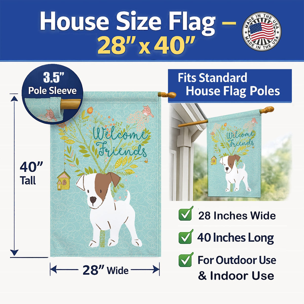 Welcome Friends Jack Russell Terrier Puppy House Flag 28x40 Porch Sleeve Pole Decorative Outside Yard Banner Artwork Wall Hanging, Polyester