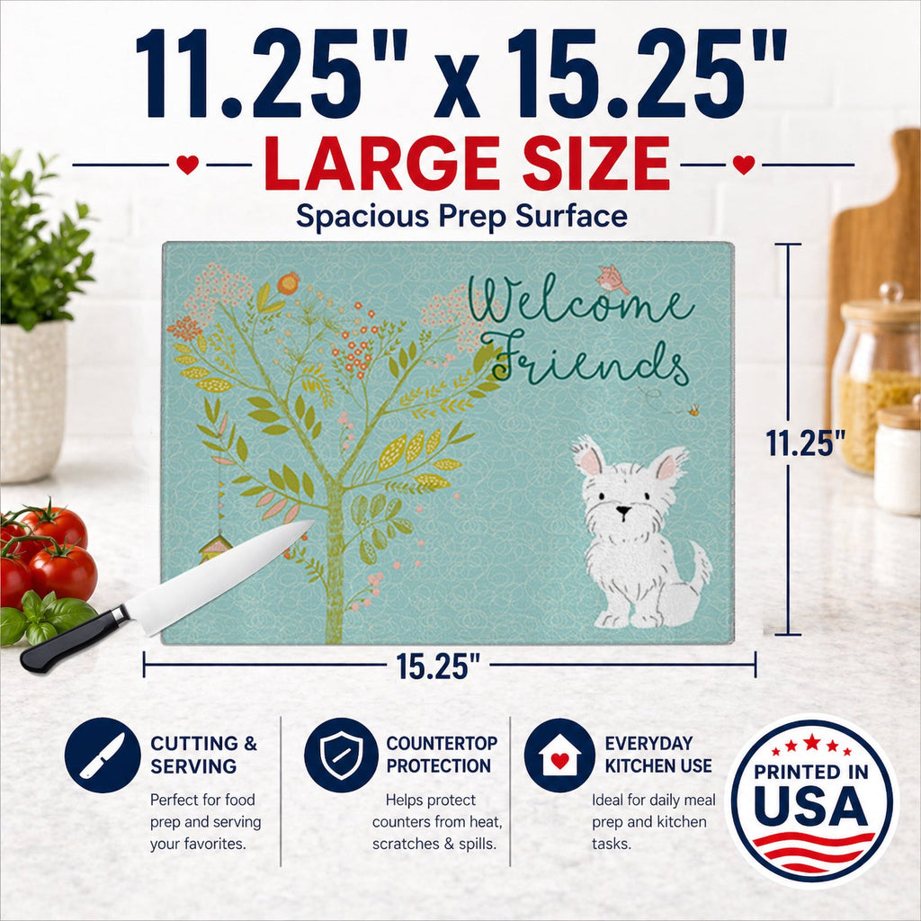 Welcome Friends Westie Cutting Board Tempered Glass Kitchen Cutting Surface, Heat Resistant Chopping, Non-Slip Feet, Food Prep & Serving