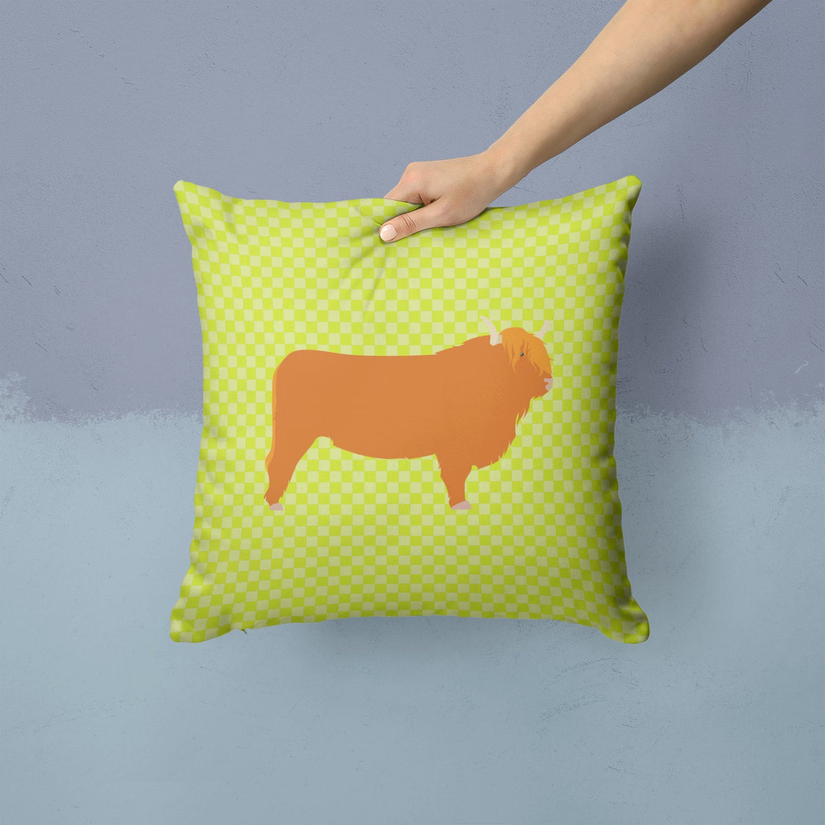 Highland Cow Green Decorative Throw Pillow 14x14 Indoor Outdoor Accent Cushion, Fabric Cover with Insert for Sofa, Bed, Porch & Living Room