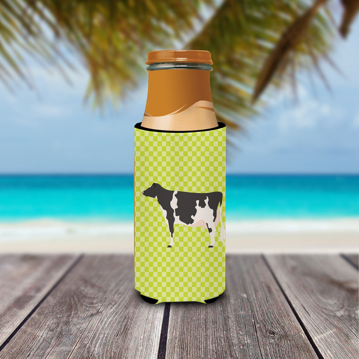 Holstein Cow Green Slim Can Hugger , Insulated Foam Hugger for 12 oz Slim Cans, Beer Bottles & Water Bottles, Printed in USA