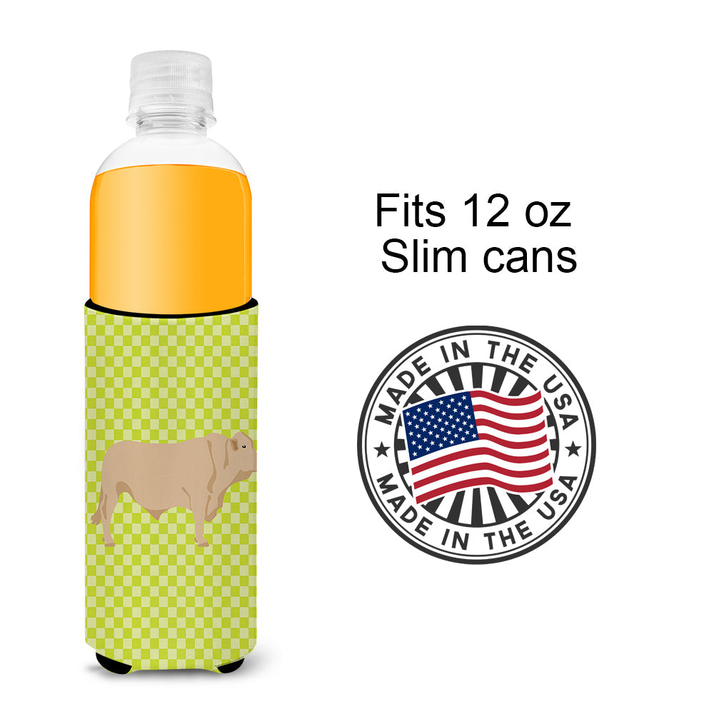 Charolais Cow Green Slim Can Hugger , Insulated Foam Hugger for 12 oz Slim Cans, Beer Bottles & Water Bottles, Printed in USA