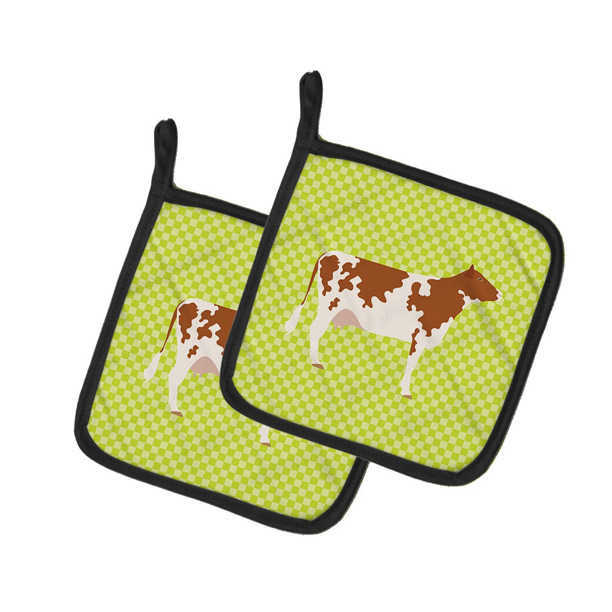 Ayrshire Cow Green Pot Holder Set of 2 Heat Resistant Quilted Hot Pads 7.5 x 7.5 Inch, Insulated Kitchen Trivets for Cooking & Baking