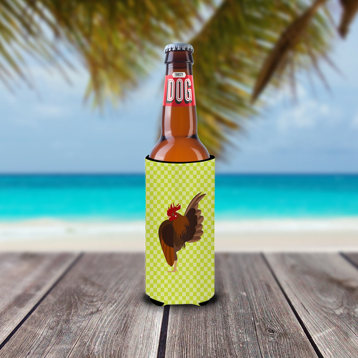 Malaysian Serama Chicken Green Slim Can Hugger , Insulated Foam Hugger for 12 oz Slim Cans, Beer Bottles & Water Bottles, Printed in USA