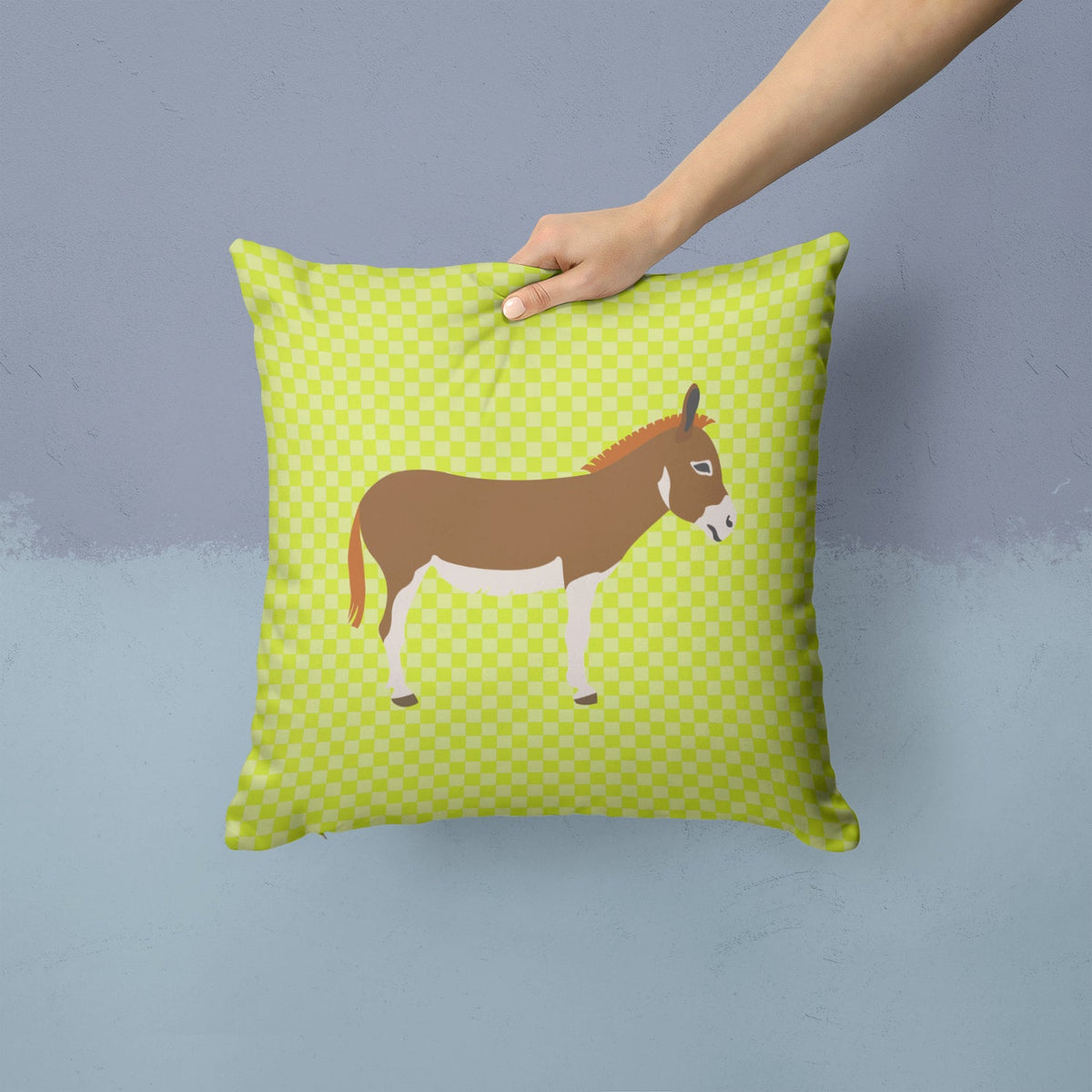 Miniature Mediterranian Donkey Green Decorative Throw Pillow 14x14 Indoor Outdoor Accent Cushion, Fabric Cover with Insert for Sofa, Bed, Porch & Living Room
