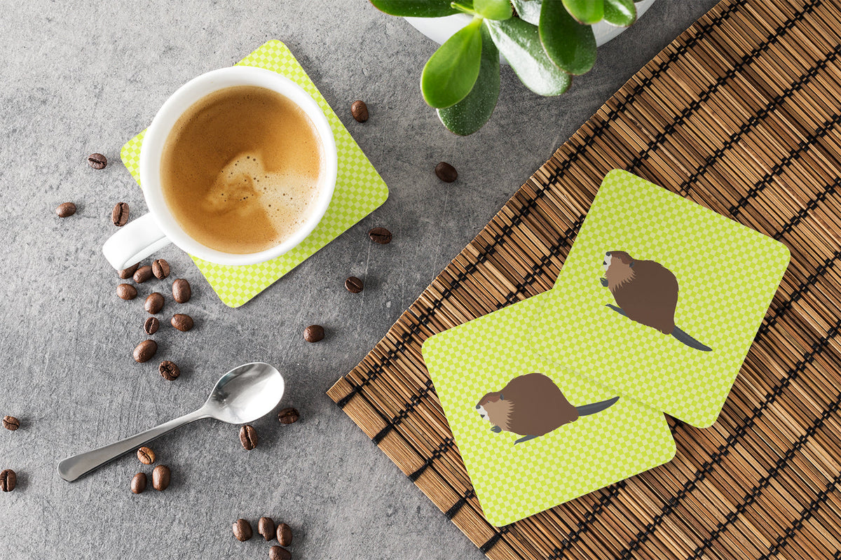 Eurasian Beaver Green Foam Coasters Set of 4 Cup Coasters for Indoor Outdoor, Tabletop Protection, Anti Slip, Mouse pad Material