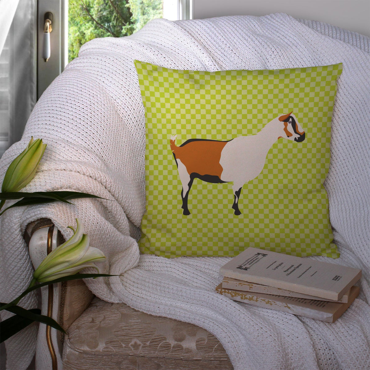 Alpine Goat Green Decorative Throw Pillow 14x14 Indoor Outdoor Accent Cushion, Fabric Cover with Insert for Sofa, Bed, Porch & Living Room
