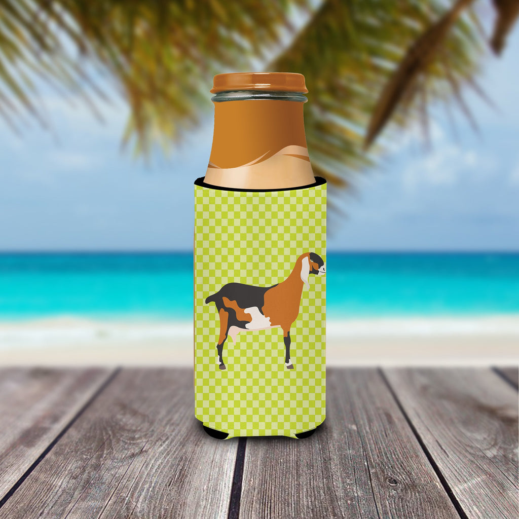 Anglo-nubian Nubian Goat Green Slim Can Hugger , Insulated Foam Hugger for 12 oz Slim Cans, Beer Bottles & Water Bottles, Printed in USA