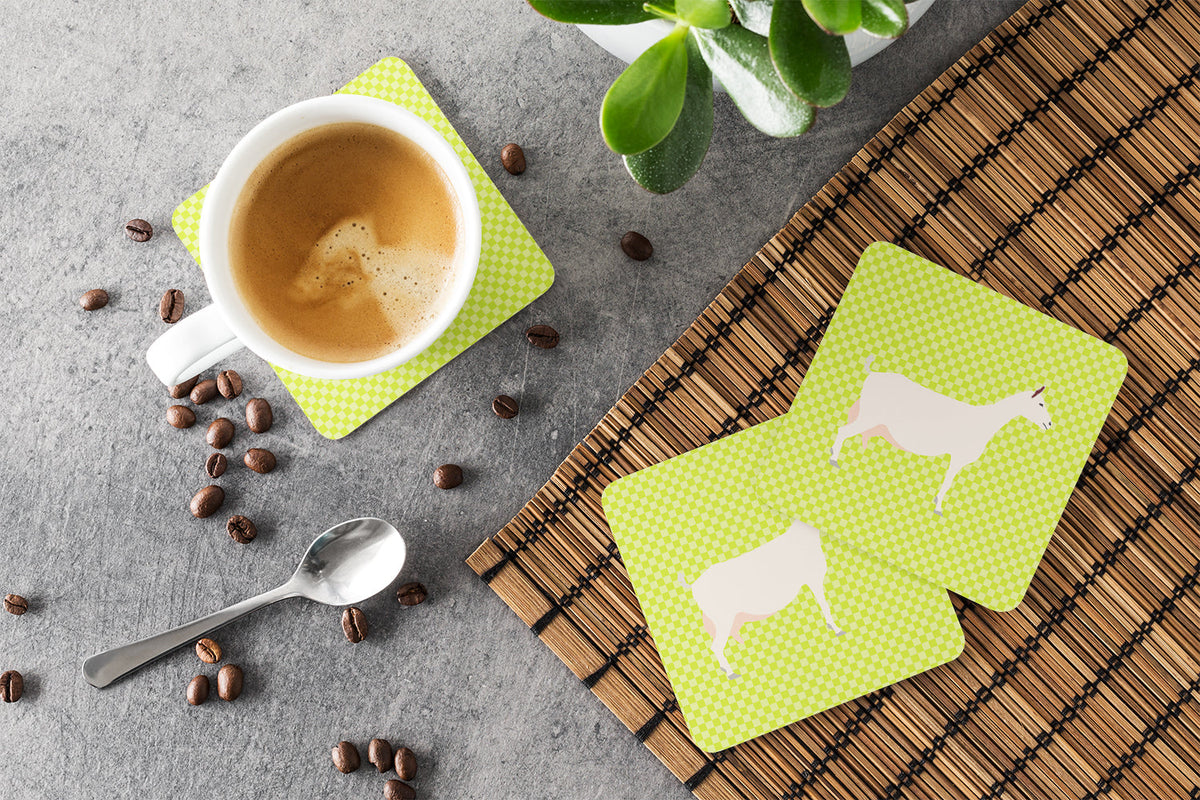 Saanen Goat Green Foam Coasters Set of 4 Cup Coasters for Indoor Outdoor, Tabletop Protection, Anti Slip, Mouse pad Material