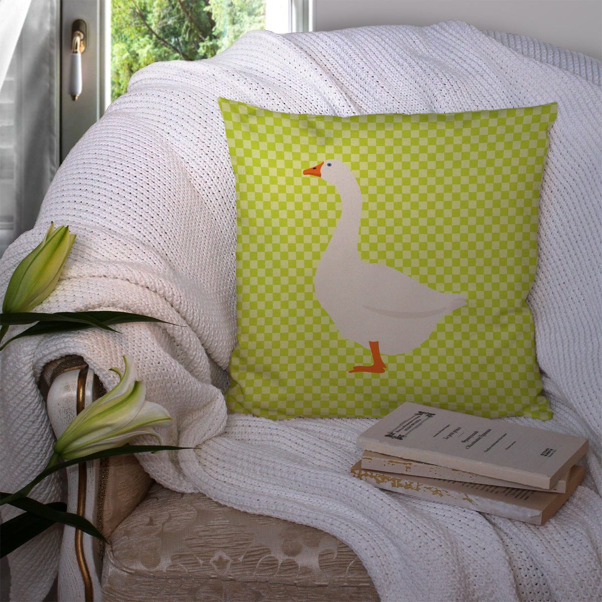 Embden Goose Green Decorative Throw Pillow 14x14 Indoor Outdoor Accent Cushion, Fabric Cover with Insert for Sofa, Bed, Porch & Living Room