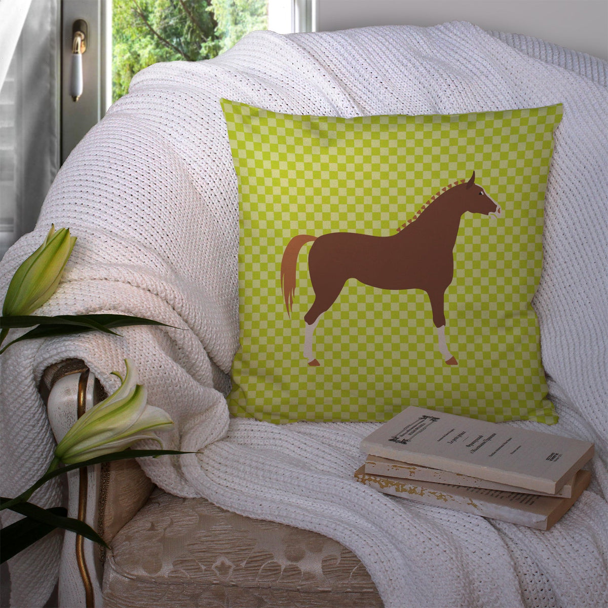 Hannoverian Horse Green Decorative Throw Pillow 14x14 Indoor Outdoor Accent Cushion, Fabric Cover with Insert for Sofa, Bed, Porch & Living Room