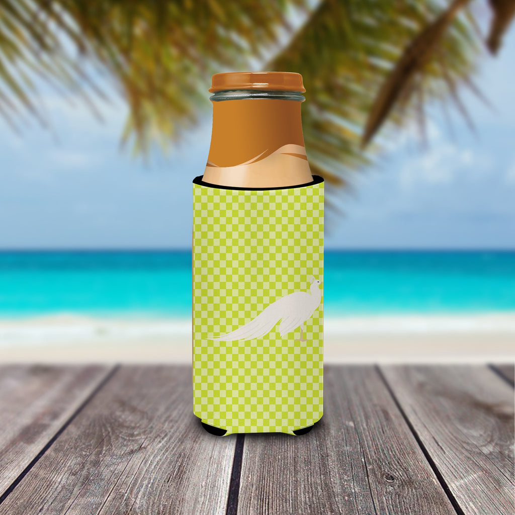 White Peacock Peafowl Green Slim Can Hugger , Insulated Foam Hugger for 12 oz Slim Cans, Beer Bottles & Water Bottles, Printed in USA