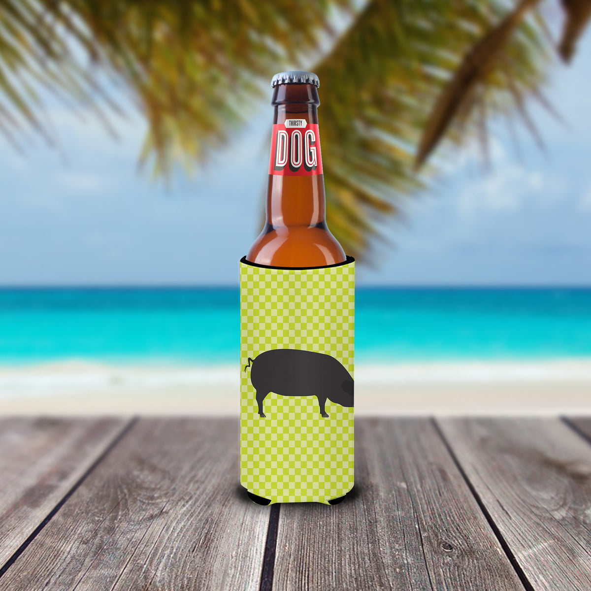 Devon Large Black Pig Green Slim Can Hugger , Insulated Foam Hugger for 12 oz Slim Cans, Beer Bottles & Water Bottles, Printed in USA
