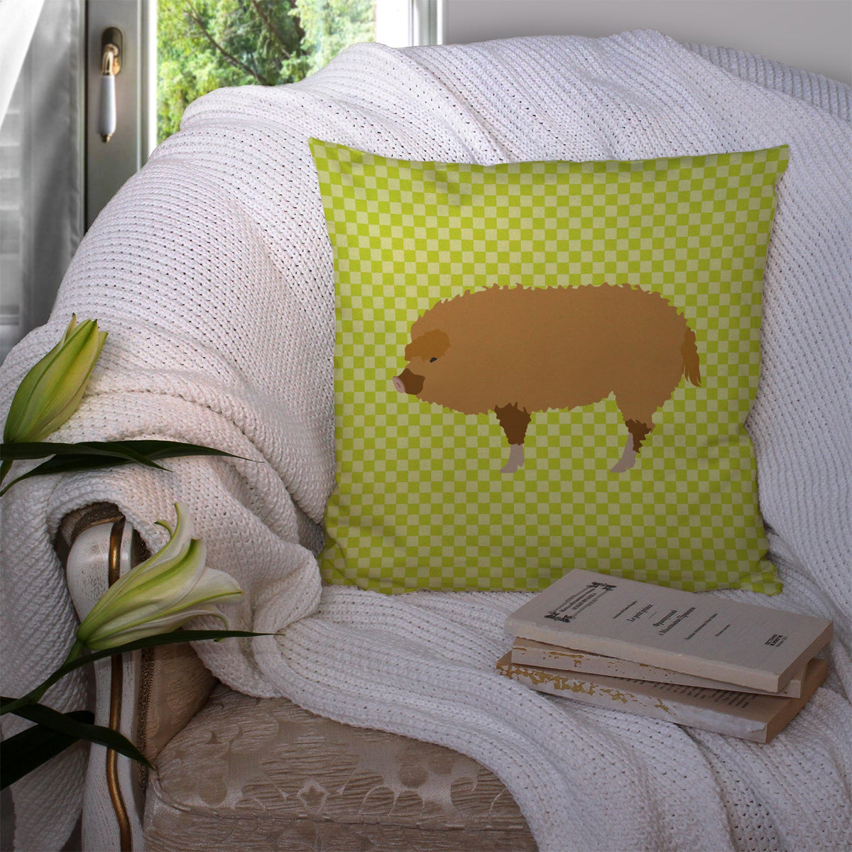 Hungarian Mangalica Pig Green Decorative Throw Pillow 14x14 Indoor Outdoor Accent Cushion, Fabric Cover with Insert for Sofa, Bed, Porch & Living Room