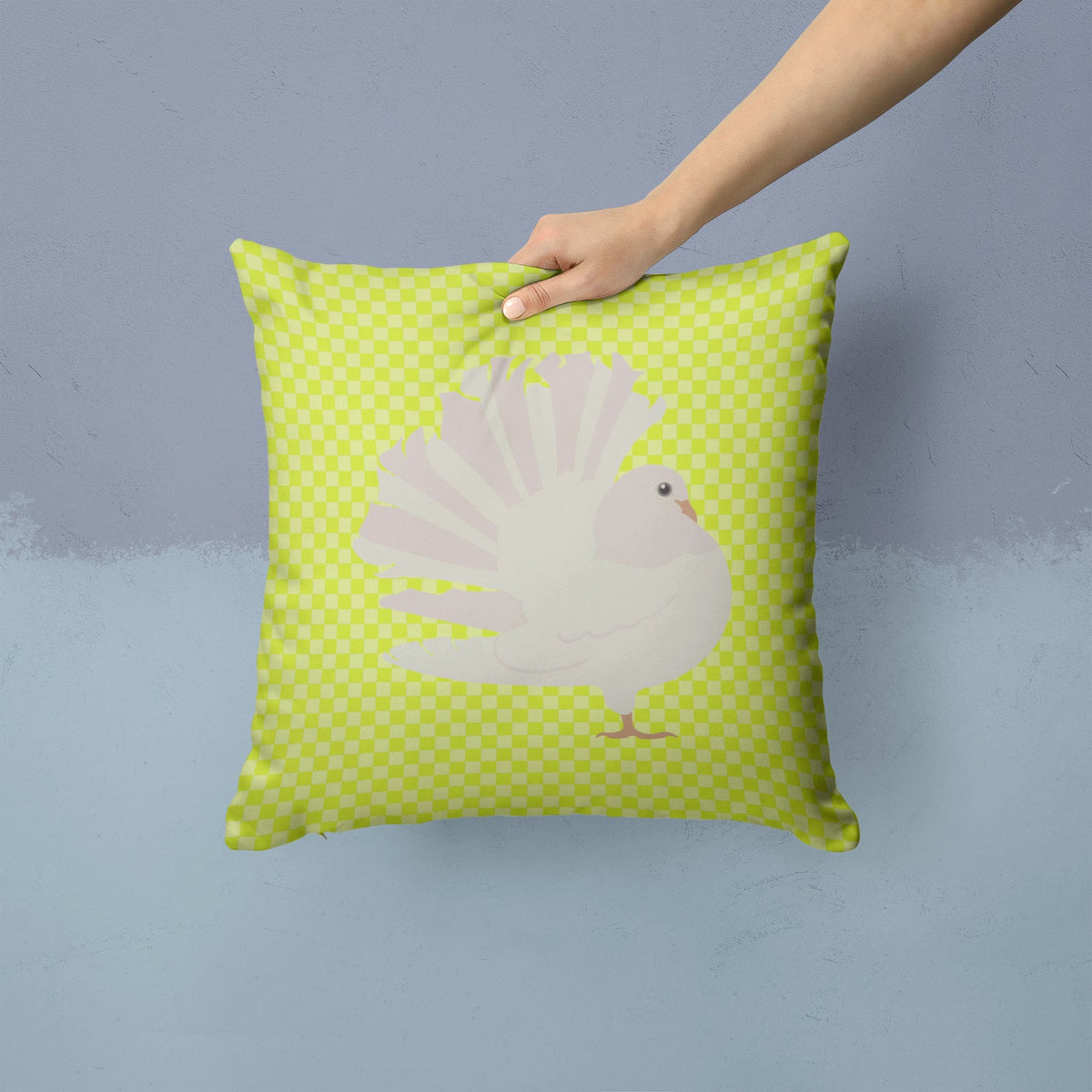 Silver Fantail Pigeon Green Decorative Throw Pillow 14x14 Indoor Outdoor Accent Cushion, Fabric Cover with Insert for Sofa, Bed, Porch & Living Room