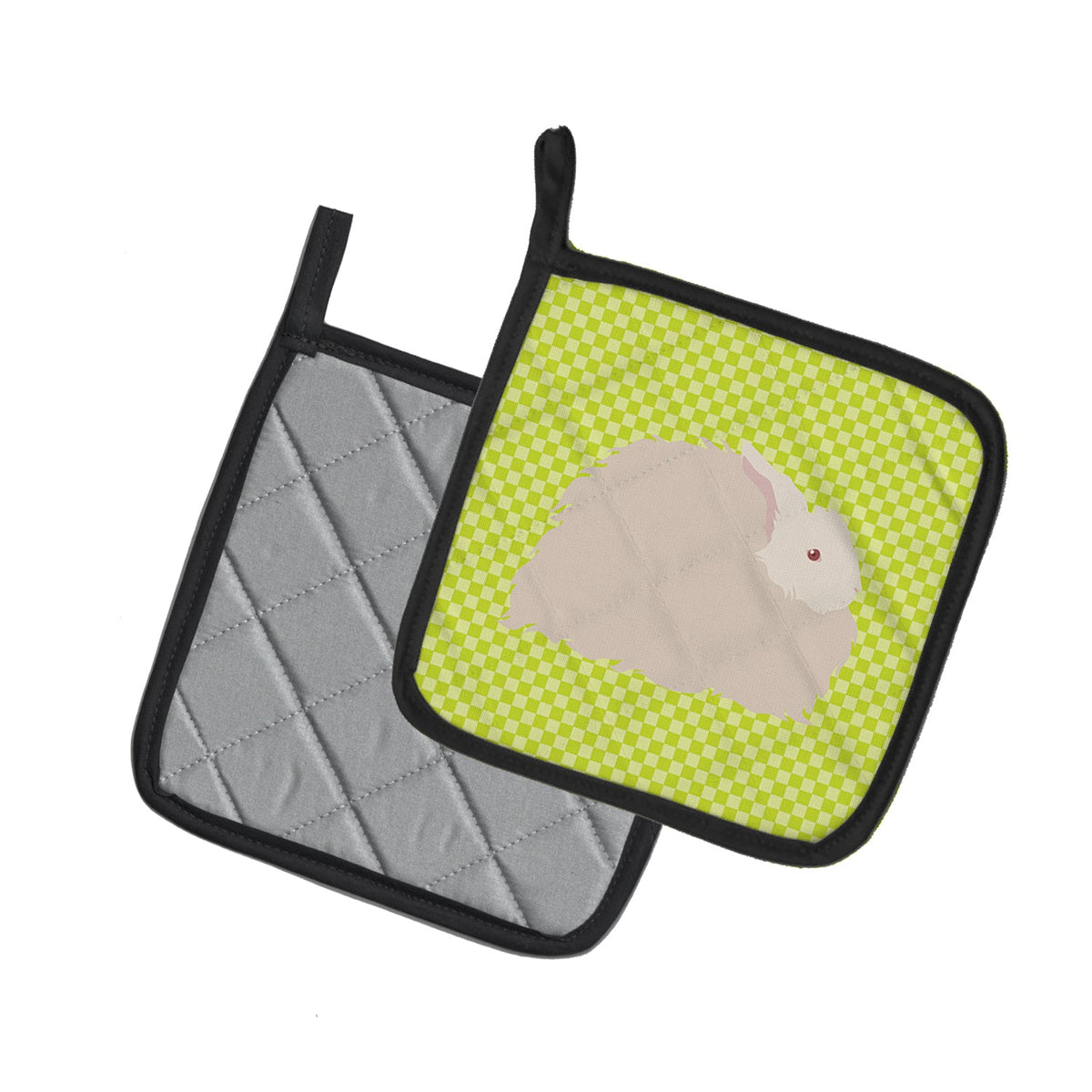 Fluffy Angora Rabbit Green Pot Holder Set of 2 Heat Resistant Quilted Hot Pads 7.5 x 7.5 Inch, Insulated Kitchen Trivets for Cooking & Baking