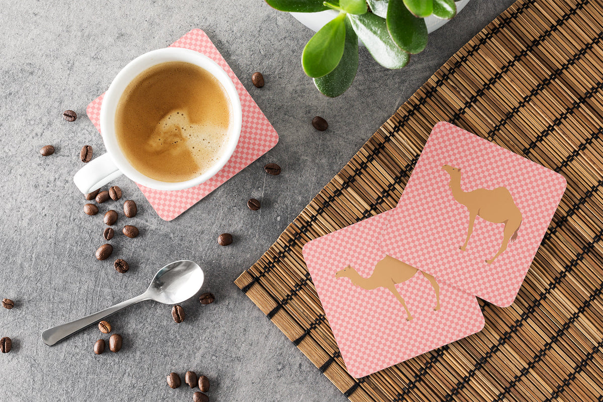 Arabian Camel Dromedary Pink Check Foam Coasters Set of 4 Cup Coasters for Indoor Outdoor, Tabletop Protection, Anti Slip, Mouse pad Material