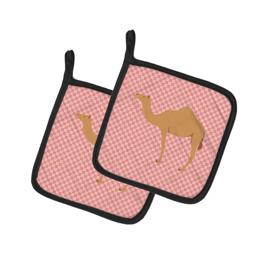 Arabian Camel Dromedary Pink Check Pot Holder Set of 2 Heat Resistant Quilted Hot Pads 7.5 x 7.5 Inch, Insulated Kitchen Trivets for Cooking & Baking