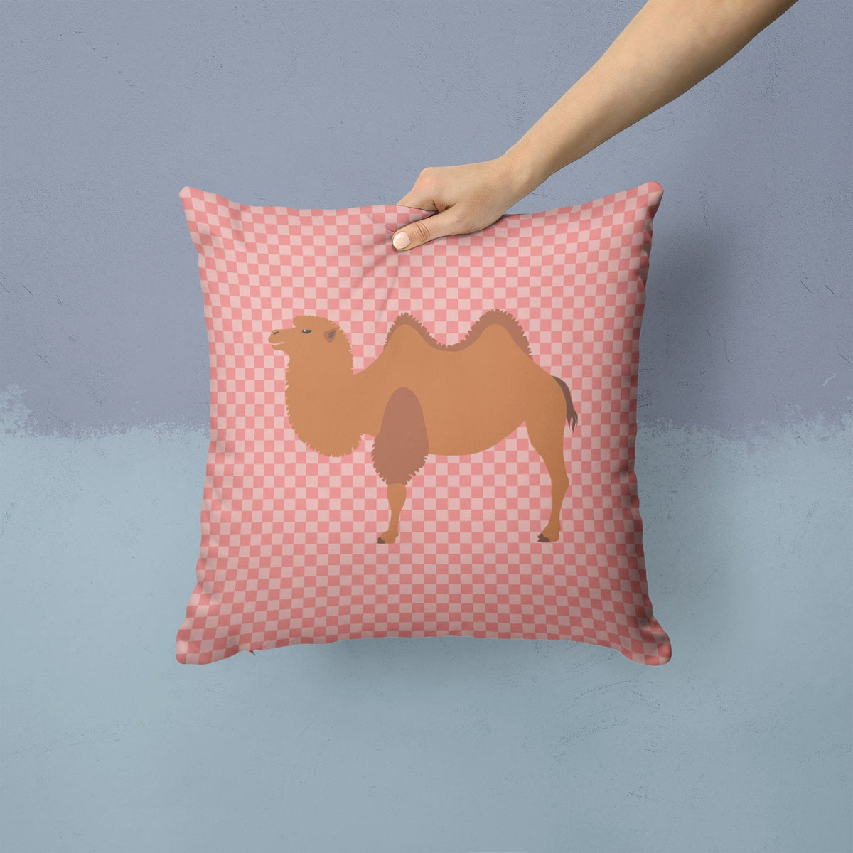 Bactrian Camel Pink Check Decorative Throw Pillow 14x14 Indoor Outdoor Accent Cushion, Fabric Cover with Insert for Sofa, Bed, Porch & Living Room