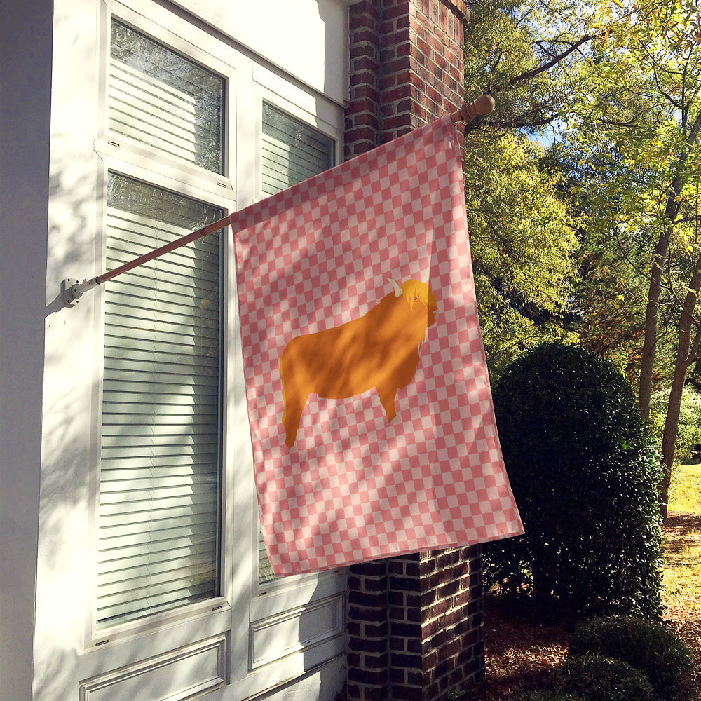 Highland Cow Pink Check House Flag 28x40 Porch Sleeve Pole Decorative Outside Yard Banner Artwork Wall Hanging, Polyester