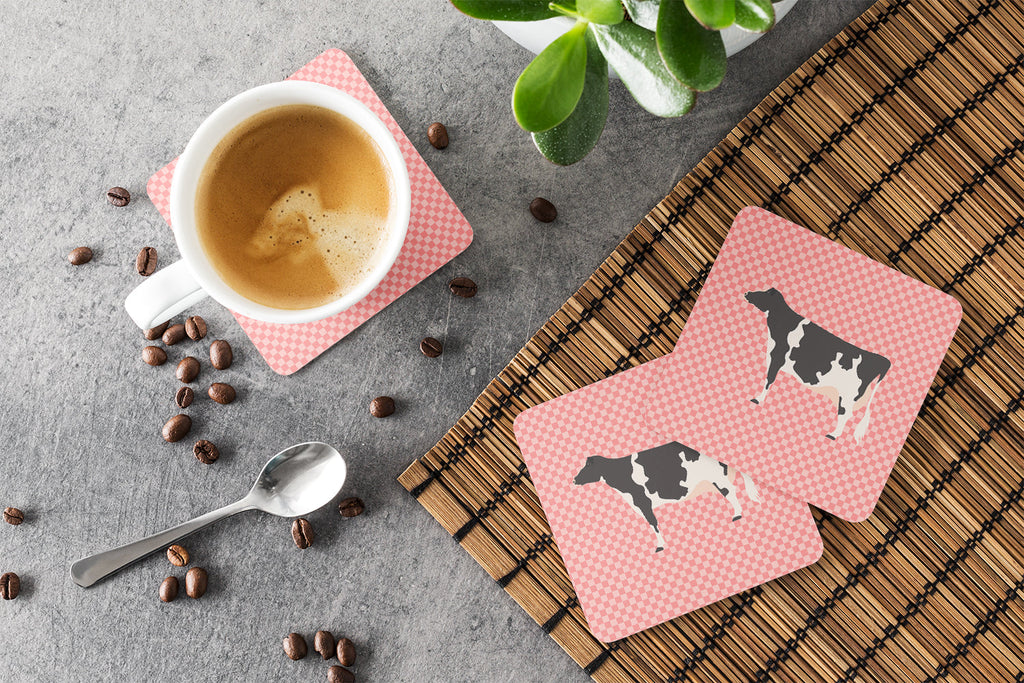 Holstein Cow Pink Check Foam Coasters Set of 4 Cup Coasters for Indoor Outdoor, Tabletop Protection, Anti Slip, Mouse pad Material