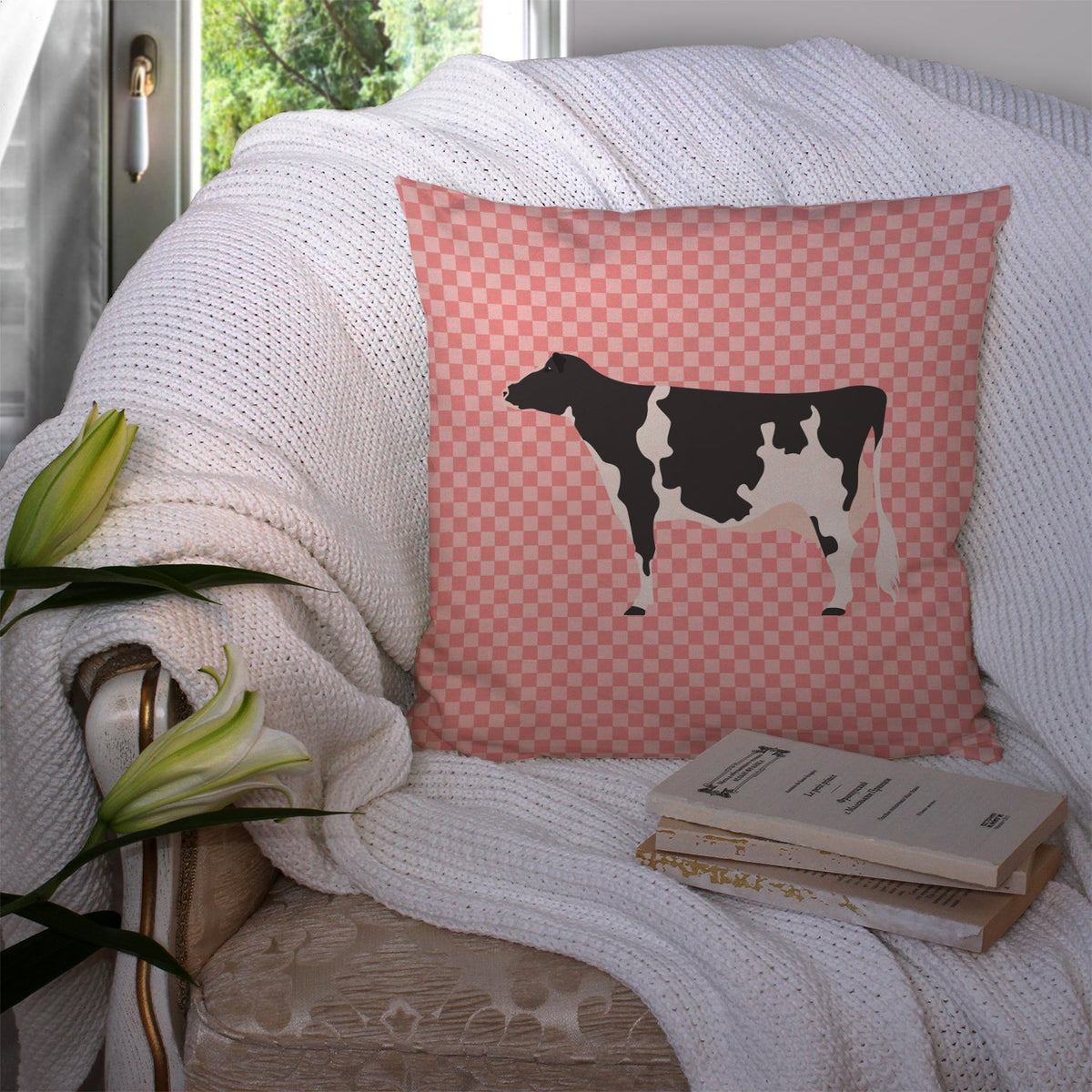 Holstein Cow Pink Check Decorative Throw Pillow 14x14 Indoor Outdoor Accent Cushion, Fabric Cover with Insert for Sofa, Bed, Porch & Living Room