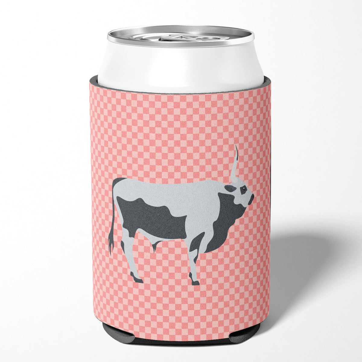 Hungarian Grey Steppe Cow Pink Check Can or Bottle Hugger Cooler Sleeve for Standard 12 oz Cans, Insulated Foam Beer & Soda Can Hugger Reusable