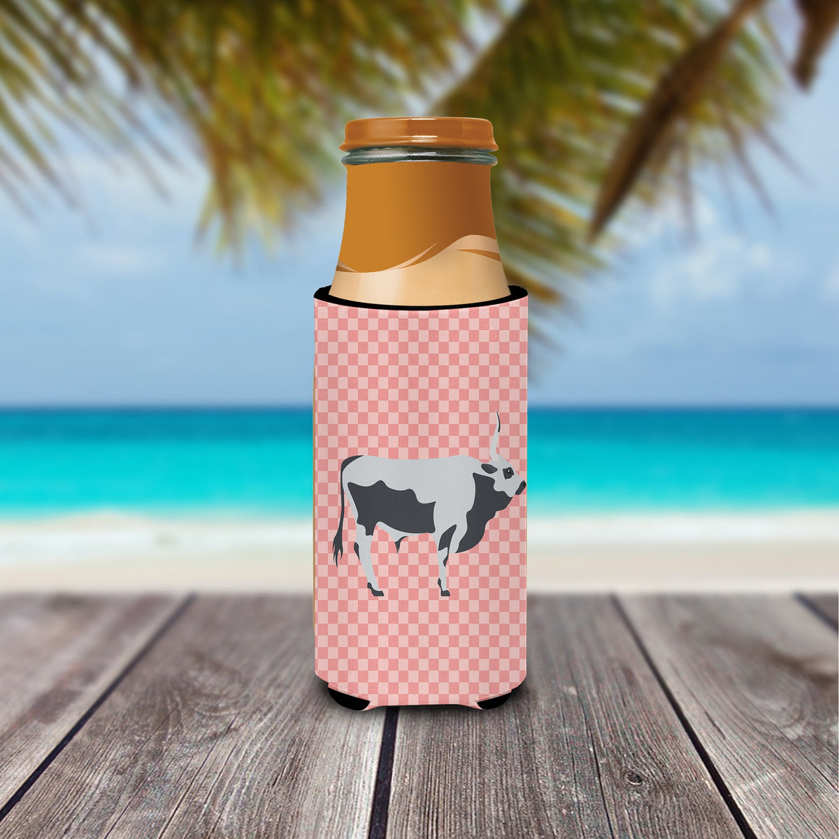Hungarian Grey Steppe Cow Pink Check Slim Can Hugger , Insulated Foam Hugger for 12 oz Slim Cans, Beer Bottles & Water Bottles, Printed in USA