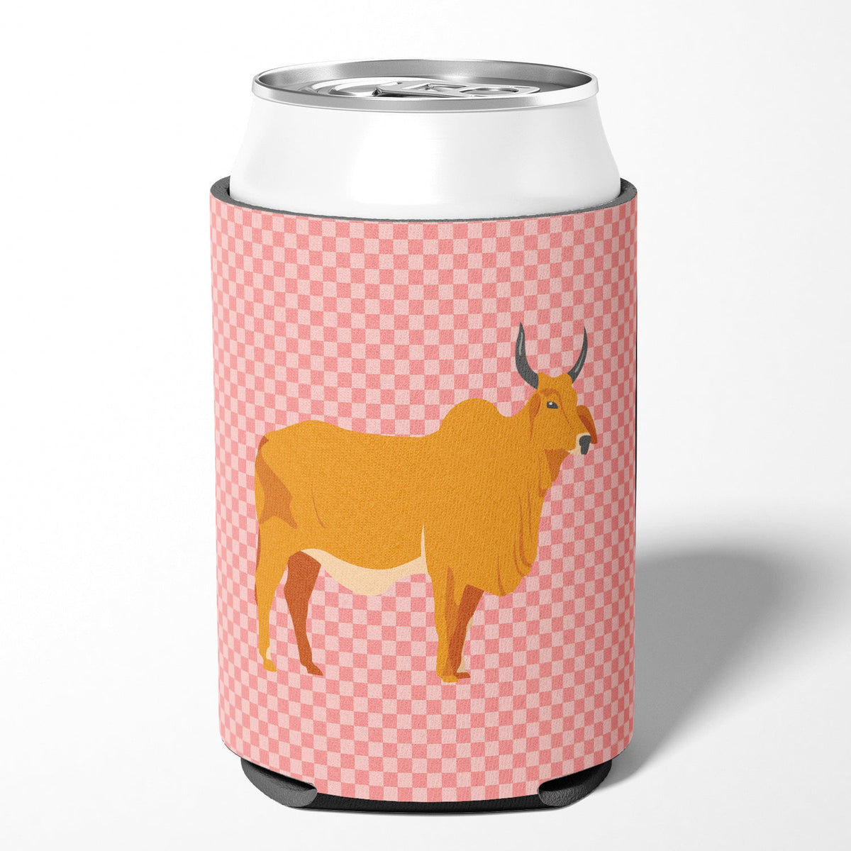 Zebu Indicine Cow Pink Check Can or Bottle Hugger Cooler Sleeve for Standard 12 oz Cans, Insulated Foam Beer & Soda Can Hugger Reusable