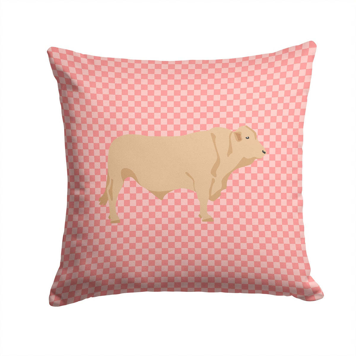 Charolais Cow Pink Check Decorative Throw Pillow 14x14 Indoor Outdoor Accent Cushion, Fabric Cover with Insert for Sofa, Bed, Porch & Living Room