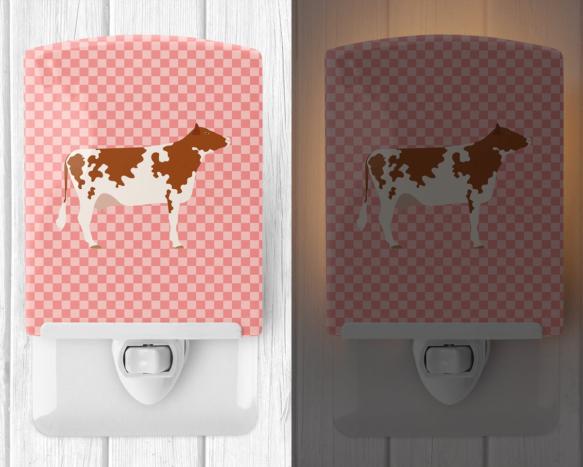 Ayrshire Cow Pink Check Ceramic Night Light Compact, UL-Certified, Ideal for Bedroom, Bathroom, Nursery, Hallway, Kitchen, 6x4x3, Multicolor
