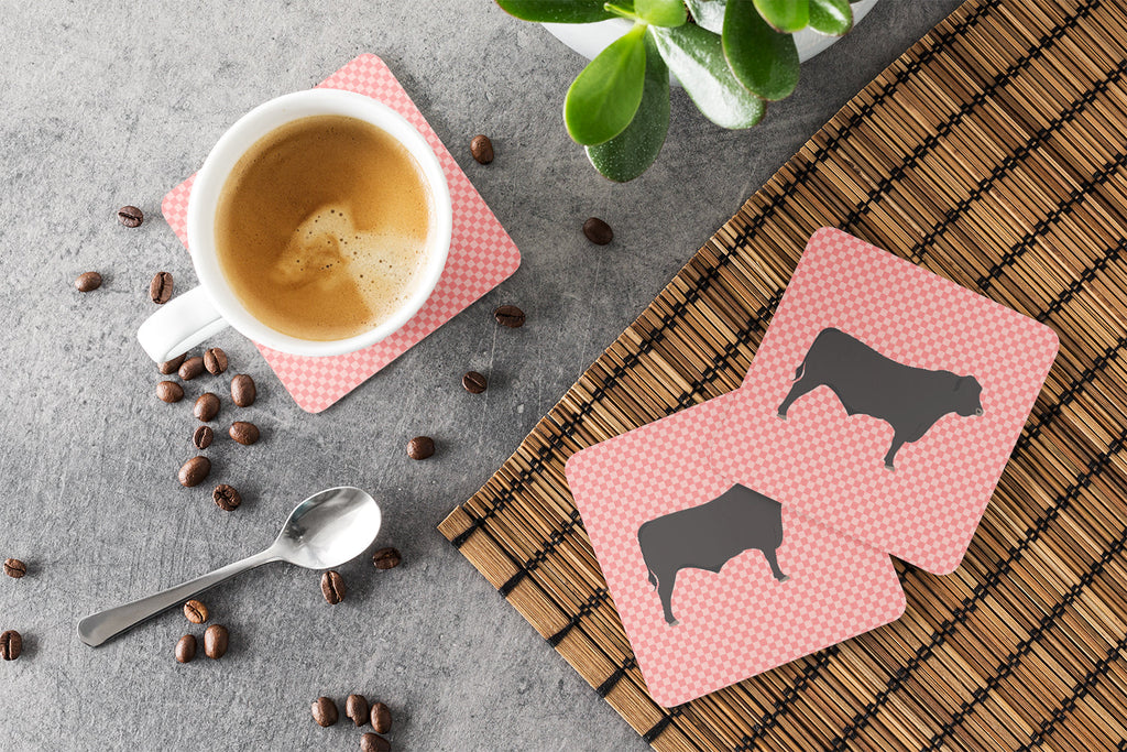 Black Angus Cow Pink Check Foam Coasters Set of 4 Cup Coasters for Indoor Outdoor, Tabletop Protection, Anti Slip, Mouse pad Material