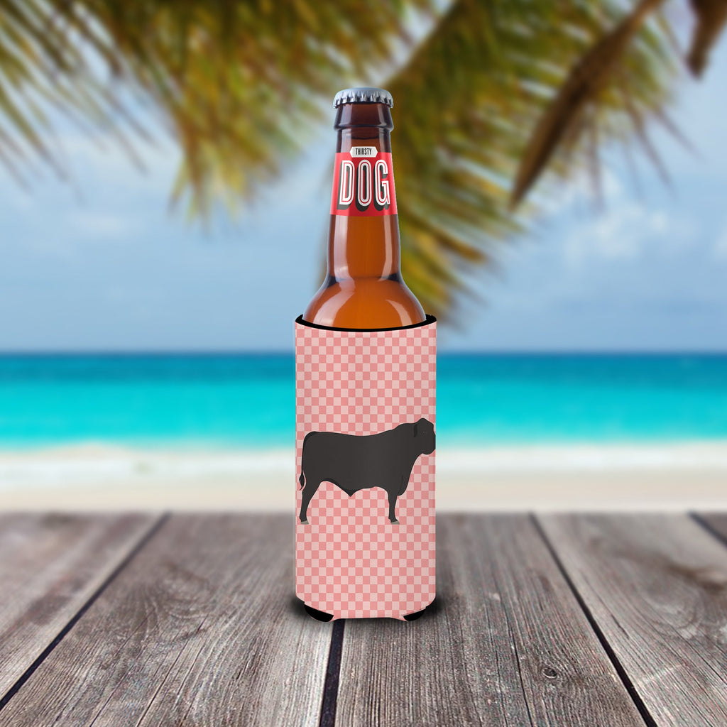 Black Angus Cow Pink Check Slim Can Hugger , Insulated Foam Hugger for 12 oz Slim Cans, Beer Bottles & Water Bottles, Printed in USA
