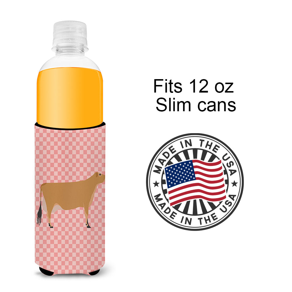 Jersey Cow Pink Check Slim Can Hugger , Insulated Foam Hugger for 12 oz Slim Cans, Beer Bottles & Water Bottles, Printed in USA