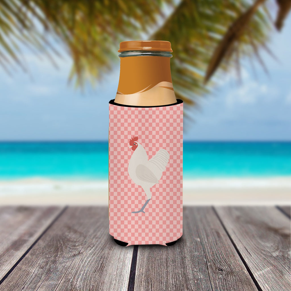German Langshan Chicken Pink Check Slim Can Hugger , Insulated Foam Hugger for 12 oz Slim Cans, Beer Bottles & Water Bottles, Printed in USA